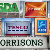 Logos of the UK’s leading supermarkets Lidl, Asda, Sainsbury’s, Waitrose, Tesco and Aldi and bottom row Morrisons