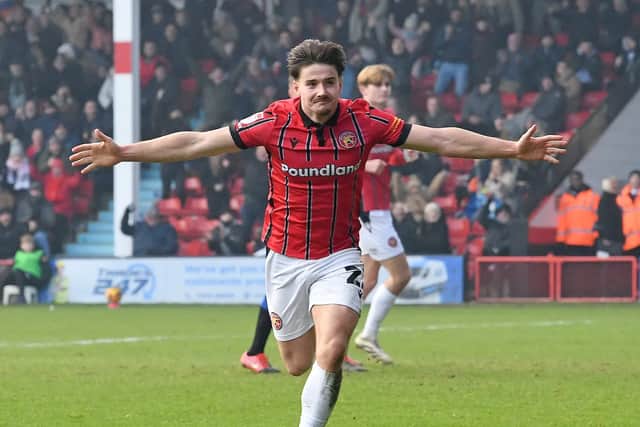 Jamie Jellis celebrates his goal during Walsall's club record breaking win over Tranmere Rovers. 