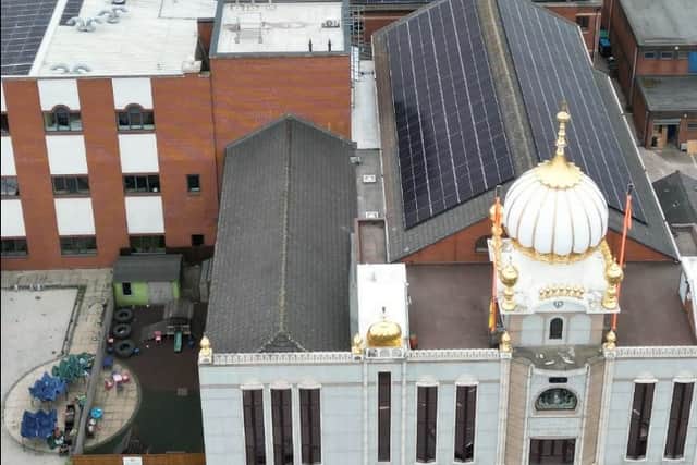 Aerial view of Guru Nanak Gurdwara Smethwick with rooftop solar installation