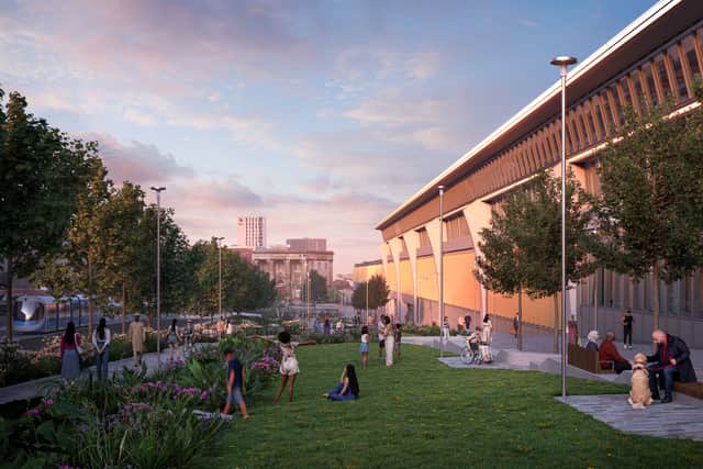 Visualisation showing the proposed landscaped terraces that would run along the side of the new Curzon Street Station in Birmingham. From HS2 press release.