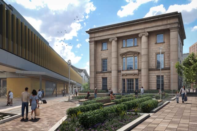 Visualisation showing the proposed gardens to the rear of the Old Curzon Street Station building in Birmingham. From HS2 press release.