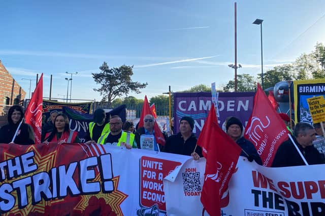Protesters at the Birmingham bins strike 'megapicket' at Lifford Lane depot on Friday, May 9. Taken by LDR Alexander Brock. Permission for use for all LDRS partners.