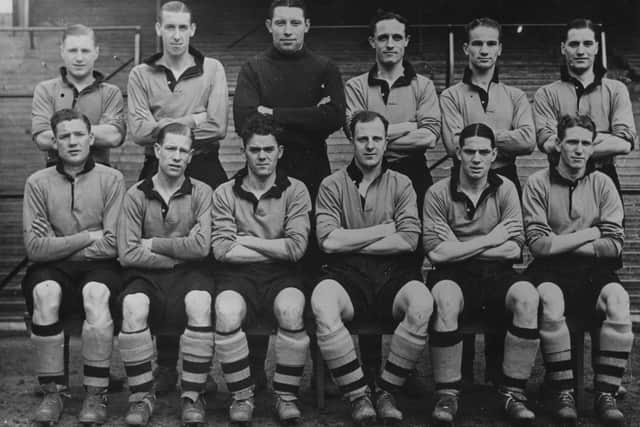 29th April 1939: Wolverhampton Wanderers, set to meet Portsmouth in the FA Cup final at Wembley. Left to right (back): J Mullen, Galley, Scott, Morris, Taylor, Gardiner. Left to right (front): Burton, McIntosh, Stan Cullis (1915 - 2001), Dorsett and Maguire. (Photo by Hulton Archive/Getty Images)