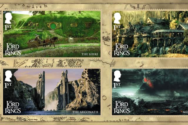 A miniature sheet that celebrates the 25th anniversary of The Lord of the Rings: The Fellowship of the Ring and features locations from the film trilogy.