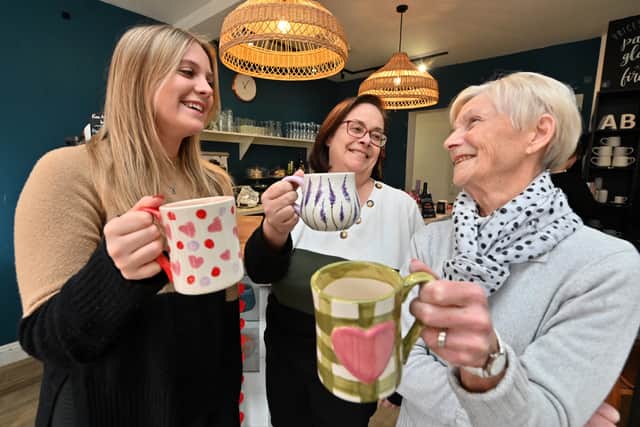 Enjoying their day in the pottery cafe are Beth Kain, Ann King and Amanda Kain. Photo: Steve Leath