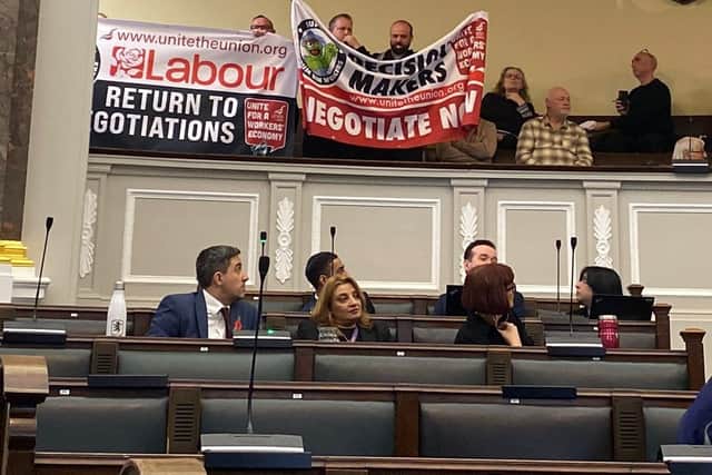 Birmingham bins strike protesters bring a full council meeting to a halt on Tuesday, November 4. Credit: Alexander Brock. Permission for use for all LDRS partners.