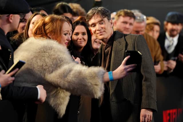 Cillian Murphy poses for a photo with a fan as he attends the global premiere for Peaky Blinders: The Immortal Man at Symphony Hall, Birmingham. Photo: Jacob King/PA Wire