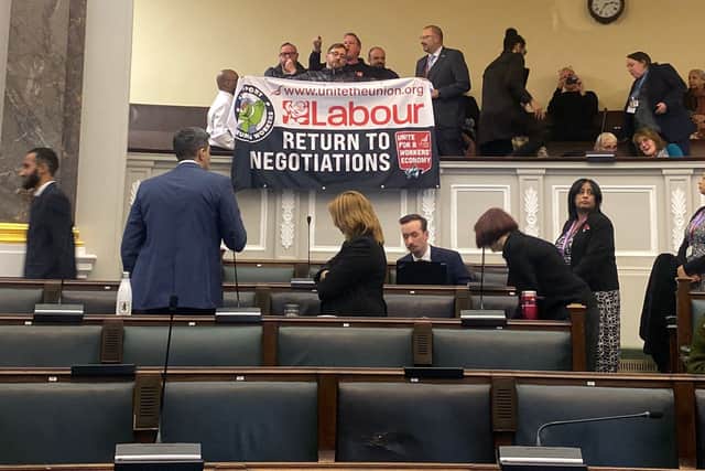 Birmingham bins strike protesters bring a full council meeting to a halt on Tuesday, November 4. Credit: Alexander Brock. Permission for use for all LDRS partners.