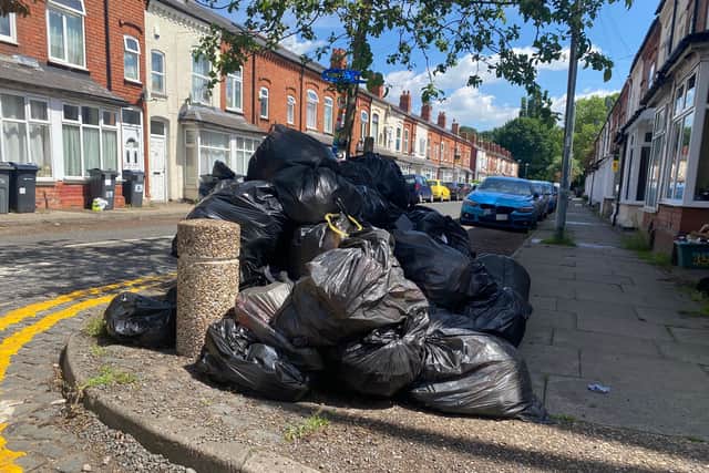 Piled up bin bags in Kitchener Road, Selly Park on Friday, May 23. Credit: Alexander Brock. Permission for use for all LDRS partners.