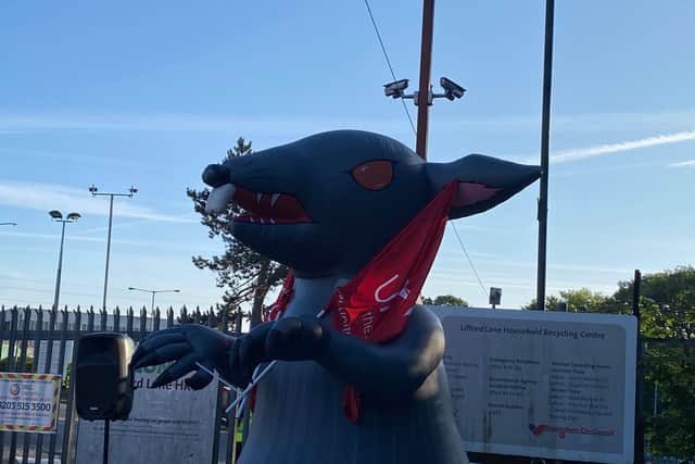 A giant inflatable rat at the Birmingham bins strike 'megapicket' at Lifford Lane depot on Friday, May 9. Credit: Alexander Brock. Permission for use for all LDRS partners.