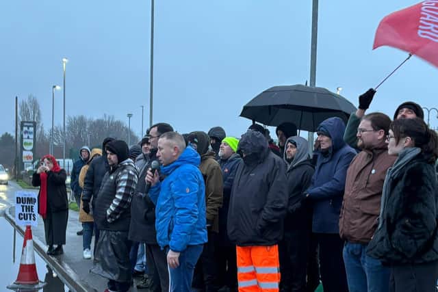 The bins strike 'megapicket' at the Perry Barr depot in Birmingham on Friday, January 30. Unite member Mike Masters addresses the crowd. Credit: Alexander Brock. Permission for use for all LDRS partners.