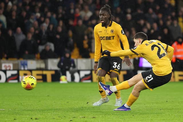 Rodrigo Gomes fires home the second goal of the game (Photo by Michael Regan/Getty Images)