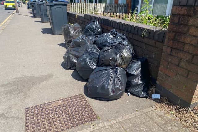 Bin bags line the pavement in Pershore Road on May 23. Credit: Alexander Brock. Permission for use for all LDRS partners.
