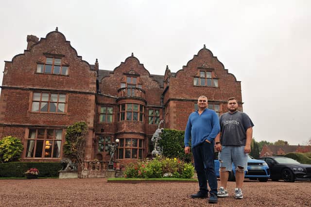 Steve and Joe Smith outside Ludstone Hall - an historic moated manor house that has been in the family since the 1990s when it was bought by Steve's father Keith