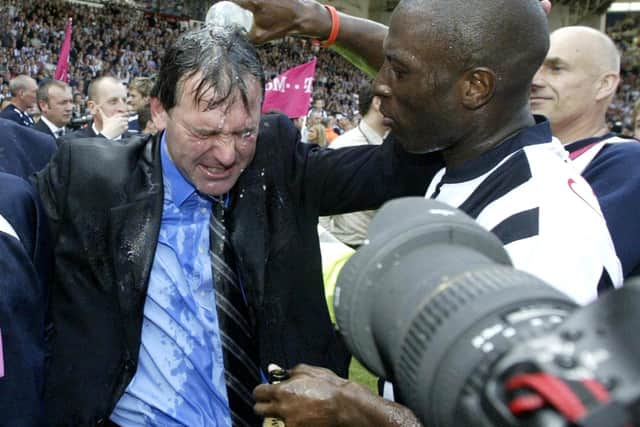 Great Escape: Bryan Robson and the late Kevin Campbell celebrate. Pic: PA