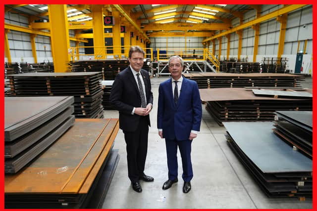 Reform UK deputy leader Richard Tice (left) and Reform UK leader Nigel Farage during a visit to UPS Steels in Kingswinford, Dudley for a press conference. Photo: Jacob King/PA Wire