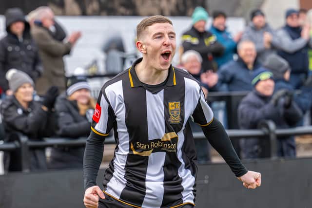 Stafford Rangers vs Shifnal Town Feb 14th 2026. Jack Birch celebrates his second goal.