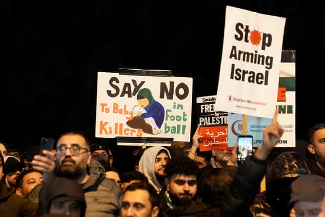 Pro Palestine protesters outside Villa Park, home of Aston Villa, before the UEFA Europa League match at Villa Park, Birmingham. The local Safety Advisory Group (SAG) opted to block Maccabi Tel Aviv supporters from attending tonight's Europa League 
