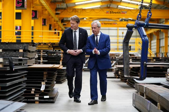Reform UK deputy leader Richard Tice (left) and Reform UK leader Nigel Farage during a visit to UPS Steels in Kingswinford, Dudley for a press conference.  Photo: Jacob King/PA Wire