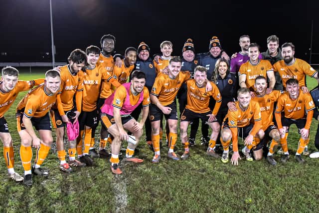 Bilston Town celebrate after reaching the fourth round of the FA Vase. Picture: Pat Green