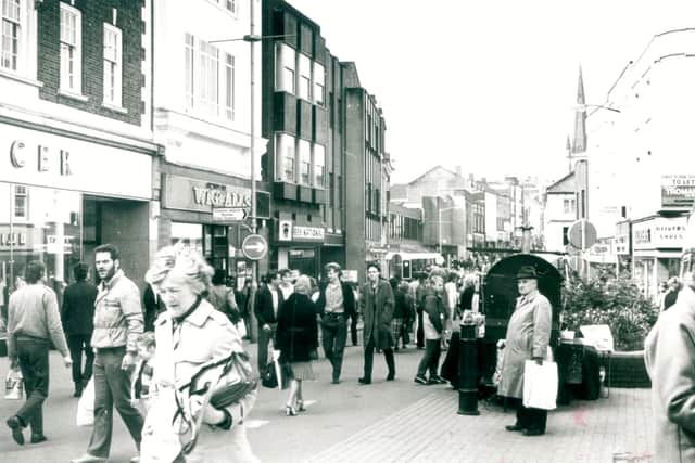 Dudley High Street, viewed from the recently-pedestrianised market place, as it looked in May 1985. 