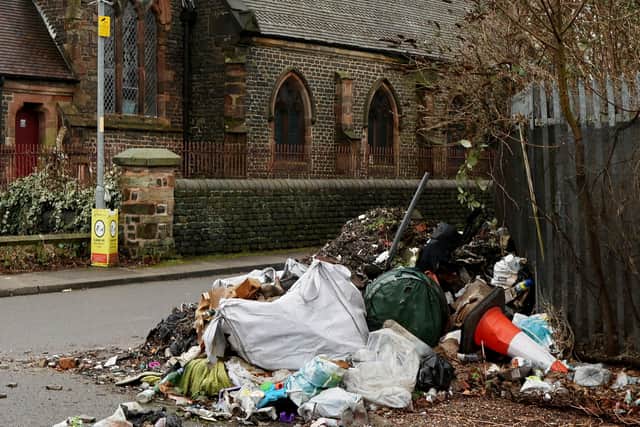 Rubbish, including sofa, mattresses, skip,  caravan and rubble has been dumped on Springvale Street , Ann Street and Ward Street in Willenhall in West Midlands.