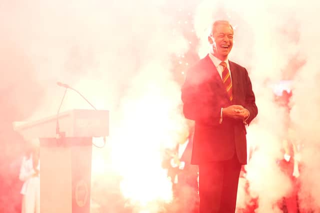 Nigel Farage was engulfed in flames as he closed he Reform UK’s rally in Birmingham in February