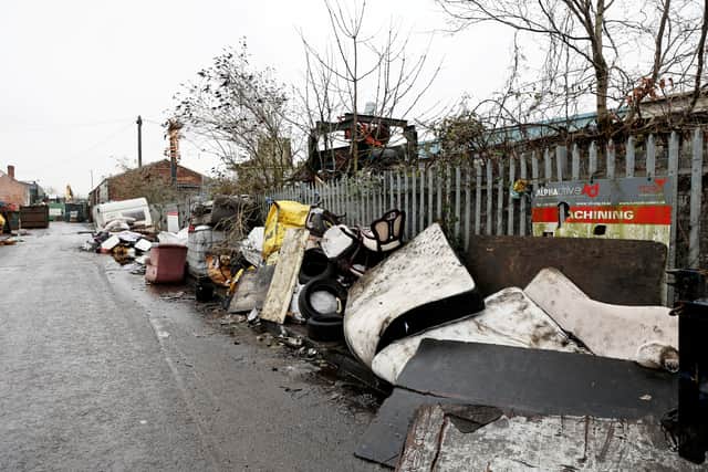 Rubbish, including sofa, mattresses, skip,  caravan and rubble has been dumped on Springvale Street , Ann Street and Ward Street in Willenhall in West Midlands. 