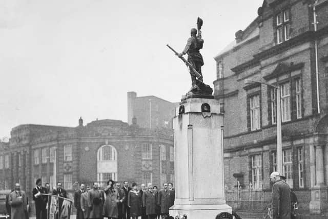 Stafford War Memorial, Earl Street, Stafford. Party of dignitaries at Stafford Borough War Memorial during the Armistice Day service on November 13, 1961.