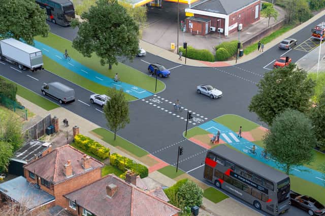 Indicative artistic impressions of the proposed design for the new Birmingham A38 cycle route. Taken from public consultation.