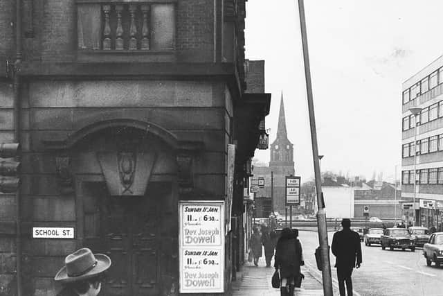 Darlington Street's leaning lamppost next to the Methodist Church, Wolverhampton, pictured in January 1970.