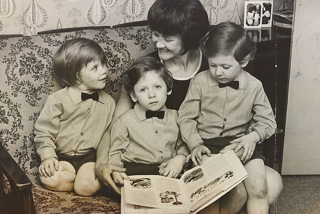 Walsall's four-year-old Fletcher triplets celebrate their birthday in August 1970.