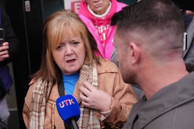 Rhiannon Whyte's mother Donna Whyte (left), speaking to Tommy Robinson (centre) outside Coventry Crown Court after asylum seeker Deng Chol Majek was jailed for life with a minimum term of 29 years for murdering hotel worker Rhiannon Whyte on a railway station platform in Walsall in October 2024. Picture date: Friday January 30, 2026. PA Photo. Photo credit: Jacob King/PA Wire