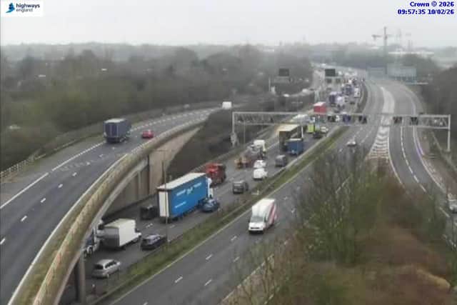 Traffic can be seen on the M6 between Junction 4 and Junction 4a following a crash