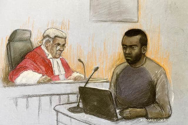Court artist sketch by Elizabeth Cook of Deng Chol Majek giving evidence at Wolverhampton Crown Court
