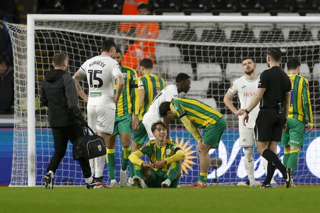 Harry Whitwell spent a brief 10 minutes on the pitch in extra time at Swansea under caretaker James Morrison but had to go off for concussion. (Photo by Adam Fradgley/West Bromwich Albion FC via Getty Images)
