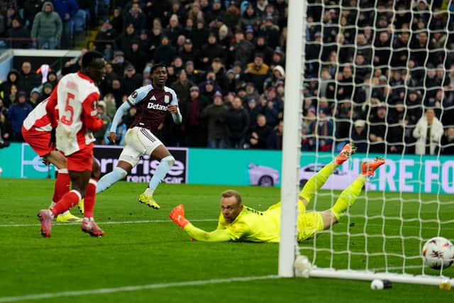 Aston Villa's Jamaldeen Jimoh-Aloba scores their side's third goal of the game during the UEFA Europa League match at Villa Park, Birmingham. Picture date: Thursday January 29, 2026.