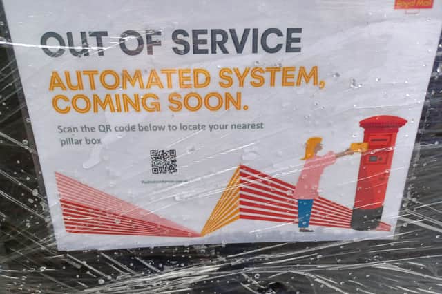 The sign telling customers that the traditional pillar box in Upper Gornal is to be replaced by an automated system