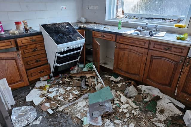 The kitchen has suffered severe damage