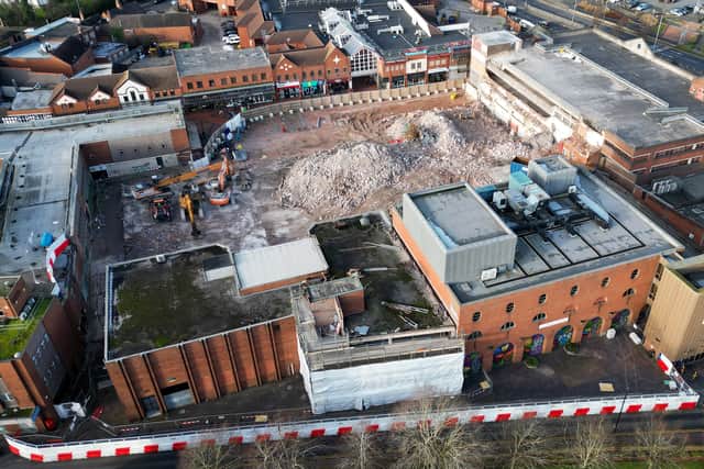 Fresh aerial pics over the demolition of Cannock Shopping Centre, next to the Prince of Wales Theatre.