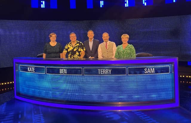 Ben Spicer (second left) with show host Bradley Walsh and other contestants ahead of the show