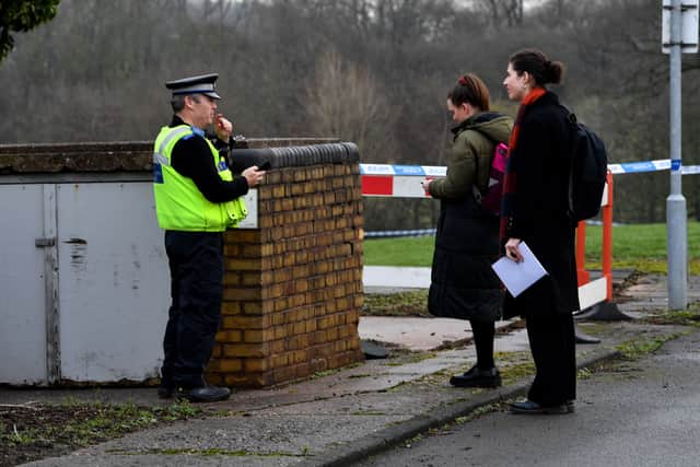 The scene at Smestow Academy, Wolverhampton, after a body was found on the school grounds.