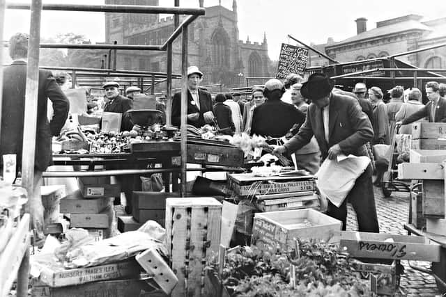May 18, 1960: The Open Market at St Peter’s Square on its penultimate day, as traders prepare to move to new premises — with a sign highlighting Sidney Gatt’s stalls at the new market, numbers 41 to 82.