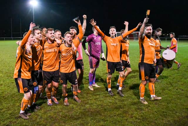 Bilston Town celebrate after reaching the fourth round of the FA Vase. Picture: Pat Green