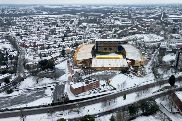 An aerial image of Molineux in Wolverhampton after Storm Goretti. Photo: Tim Thursfield
