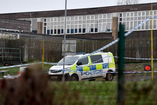 The scene at Smestow Academy, Wolverhampton, after a body was found on the school grounds.