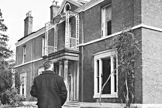 'When building contractors K. E. Millard and Co., Ltd. took over Fordhouse, Stafford-road, last September, they hoped to use it as an office for the 20-acre housing site they are developing. But vandals have put paid to their plans. They've gone through the once graceful Georgian style building leaving smashed windows, gaping walls, ripped up floors and stairways, broken sinks.... The photograph shows Mr A. H. Colley as he surveys the exterior in May 1960.