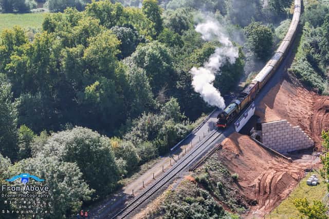 The Flying Scotsman captured travelling over the newly repaired Mor Brook by From Above Drone Photography. Picture: From Above Drone Photography.