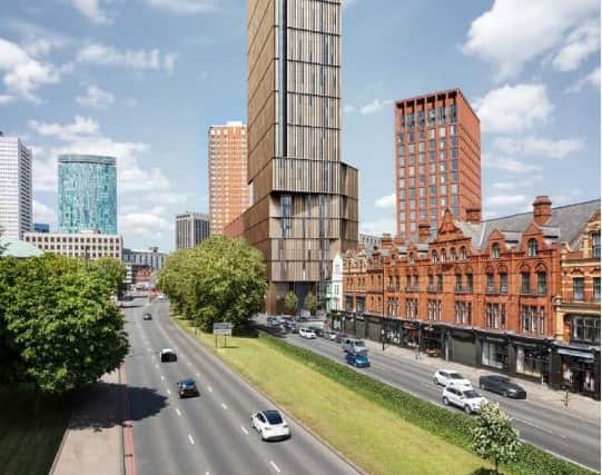 Proposed Birmingham skyscraper at Bristol Street, Bromsgrove Street and Essex Street (amended design). Taken from planning document prepared by stephenson hamilton risley STUDIO.