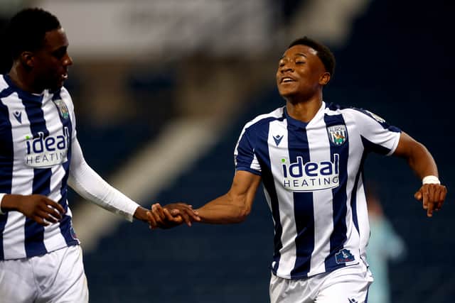 Souleyman Mandey, left, and Jaiden Francis-Caesar celebrate during a memorable victory over Juventus in the Premier League International Cup at The Hawthorns in October. (Photo by Adam Fradgley/West Bromwich Albion FC via Getty Images)
